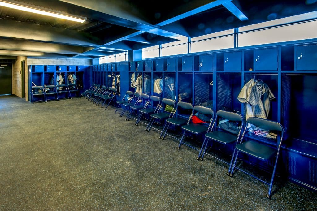Locker room, set up for baseball.